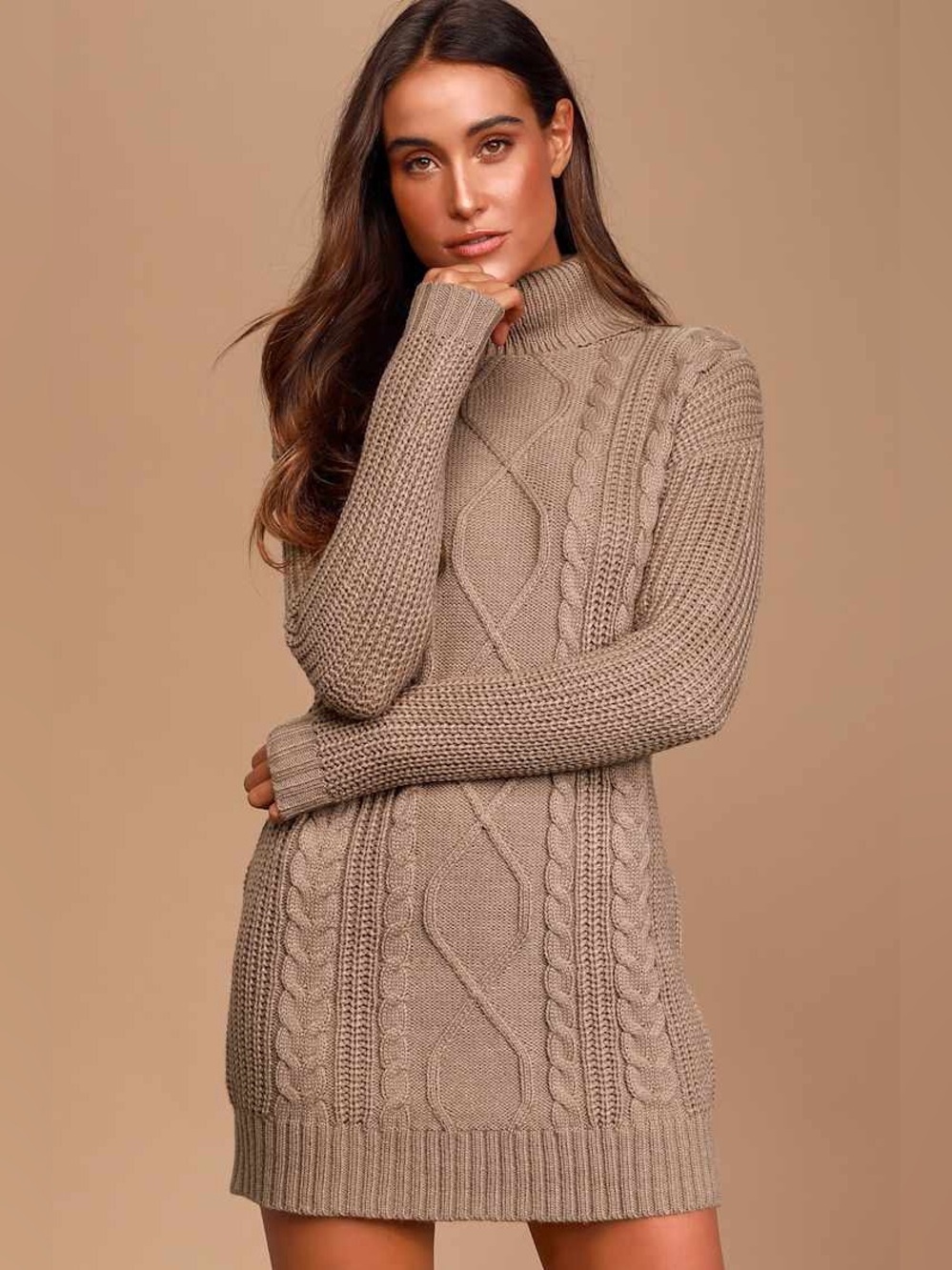 Lulu's Taupe Cable Knit Turtleneck Sweater Dress